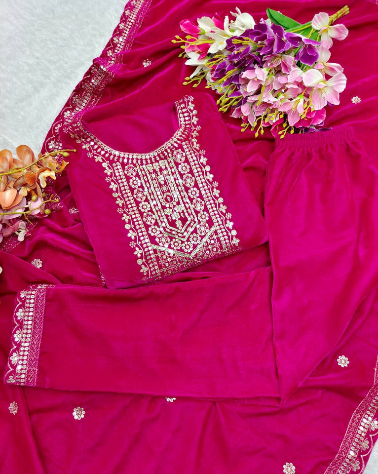 Presenting New Velvet Top -Pent  Dupatta Set Fully Stitched Ready To Wear