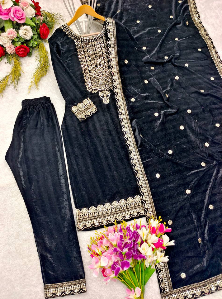 Presenting New Velvet Top -Pent  Dupatta Set Fully Stitched Ready To Wear 🔥😍🥰*