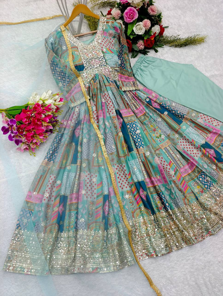 Presenting New Aliya-Cut Gown -Pent  Dupatta Set Fully Stitched Ready To Wear