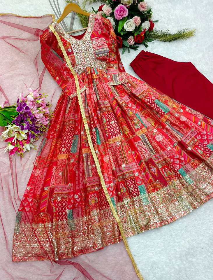 Presenting New Aliya-Cut Gown -Pent  Dupatta Set Fully Stitched Ready To Wear