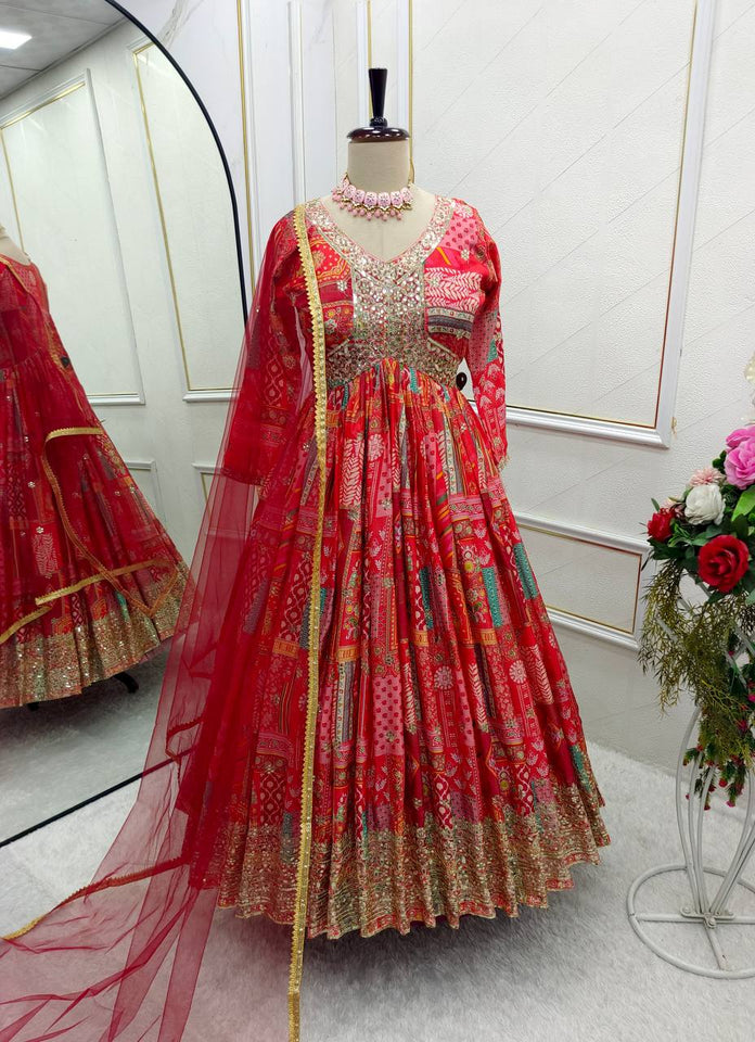 Presenting New Aliya-Cut Gown -Pent  Dupatta Set Fully Stitched Ready To Wear