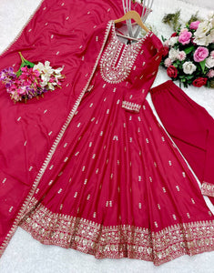 Presenting New Collection Heavy Chinon Silk Gown -Pent  Dupatta Set Fully Stitched Ready To Wear