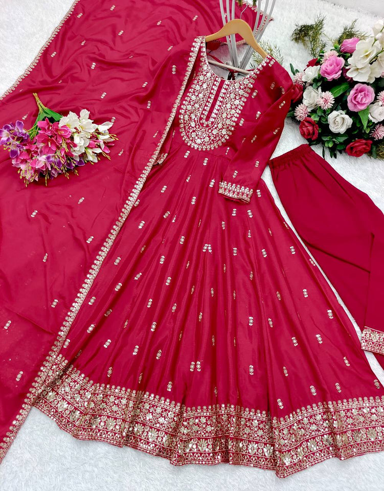 Presenting New Collection Heavy Chinon Silk Gown -Pent  Dupatta Set Fully Stitched Ready To Wear