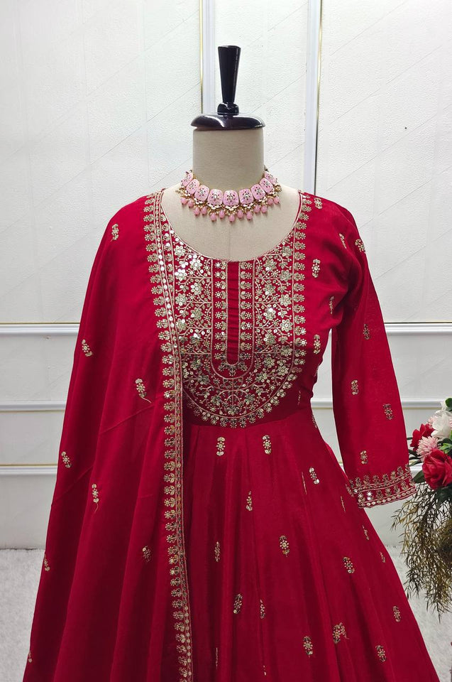 Presenting New Collection Heavy Chinon Silk Gown -Pent  Dupatta Set Fully Stitched Ready To Wear