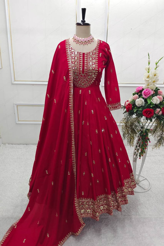 Presenting New Collection Heavy Chinon Silk Gown -Pent  Dupatta Set Fully Stitched Ready To Wear