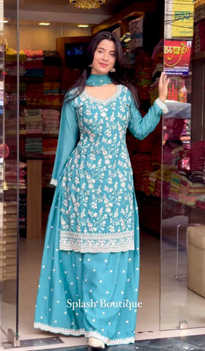 Presenting New Collection Heavy Chinon Silk Top-Palazzo and Dupatta Set Fully Stitched Ready To Wear