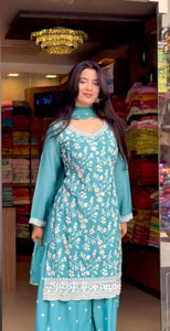 Presenting New Collection Heavy Chinon Silk Top-Palazzo and Dupatta Set Fully Stitched Ready To Wear