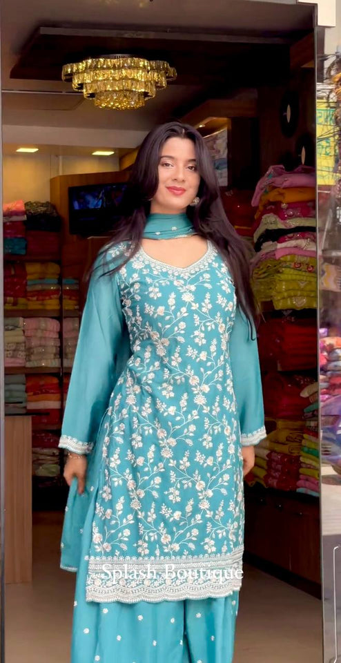 Presenting New Collection Heavy Chinon Silk Top-Palazzo and Dupatta Set Fully Stitched Ready To Wear