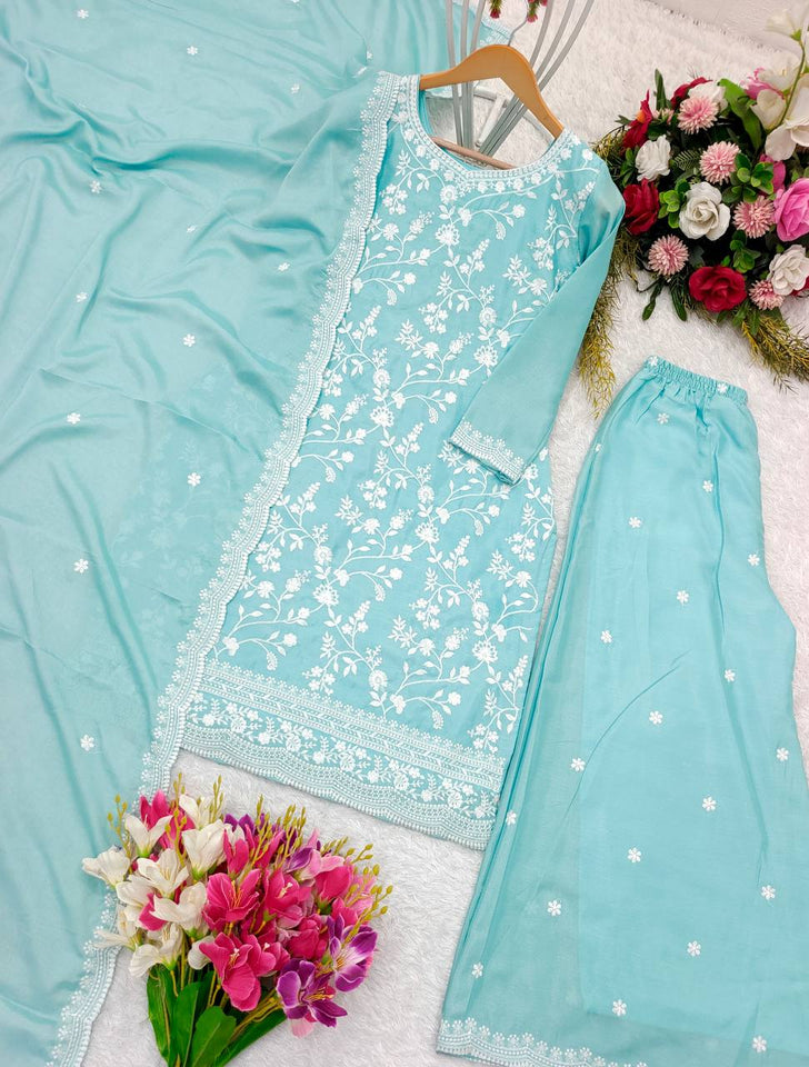 Presenting New Collection Heavy Chinon Silk Top-Palazzo and Dupatta Set Fully Stitched Ready To Wear