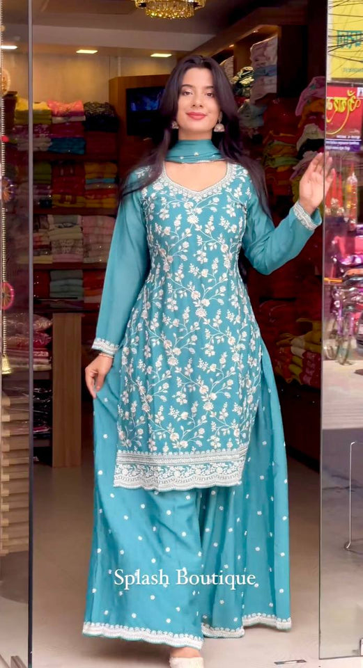 Presenting New Collection Heavy Chinon Silk Top-Palazzo and Dupatta Set Fully Stitched Ready To Wear