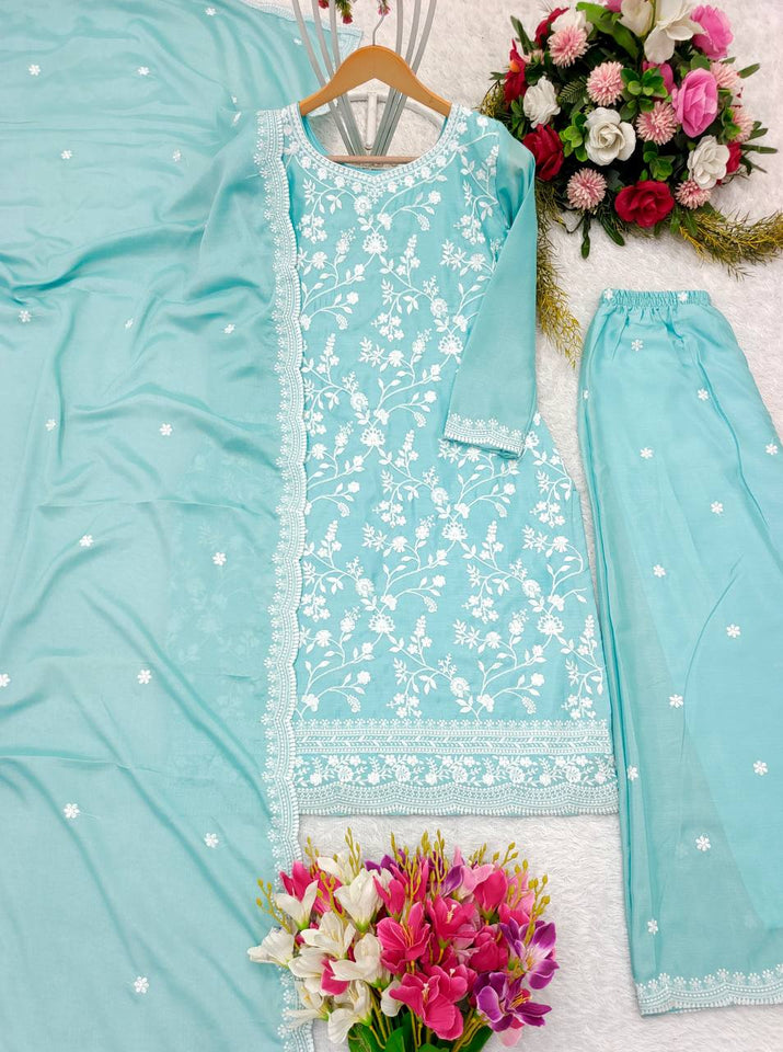 Presenting New Collection Heavy Chinon Silk Top-Palazzo and Dupatta Set Fully Stitched Ready To Wear
