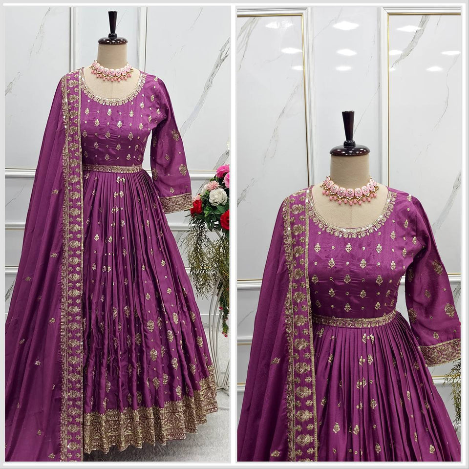 Presenting New Collection Heavy Chinon Silk Gown -Pent  Dupatta Set Fully Stitched Ready To Wear