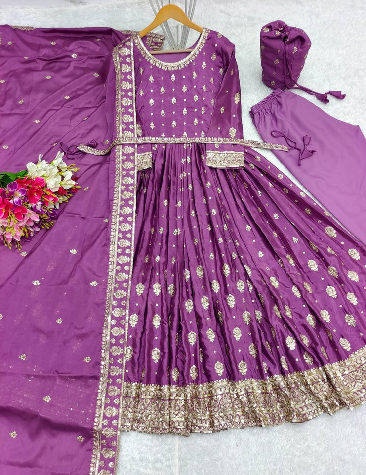 Presenting New Collection Heavy Chinon Silk Gown -Pent  Dupatta Set Fully Stitched Ready To Wear