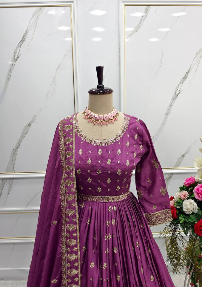 Presenting New Collection Heavy Chinon Silk Gown -Pent  Dupatta Set Fully Stitched Ready To Wear