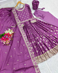 Presenting New Collection Heavy Chinon Silk Gown -Pent  Dupatta Set Fully Stitched Ready To Wear