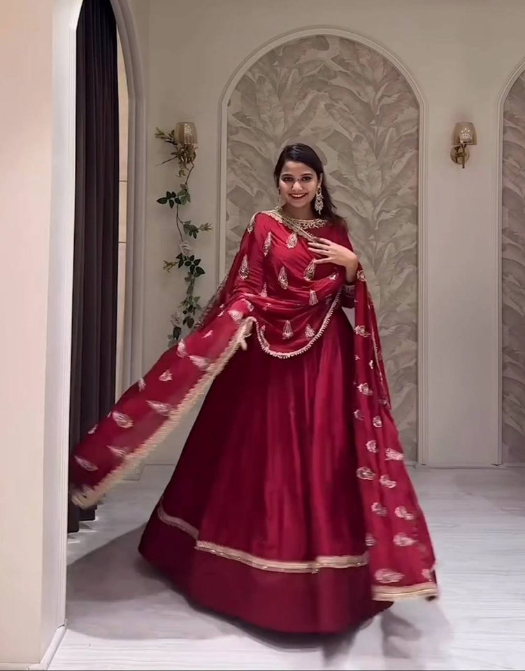 Presenting New Collection Heavy Chinon Silk Gown -Pent  Dupatta Set Fully Stitched Ready To Wear