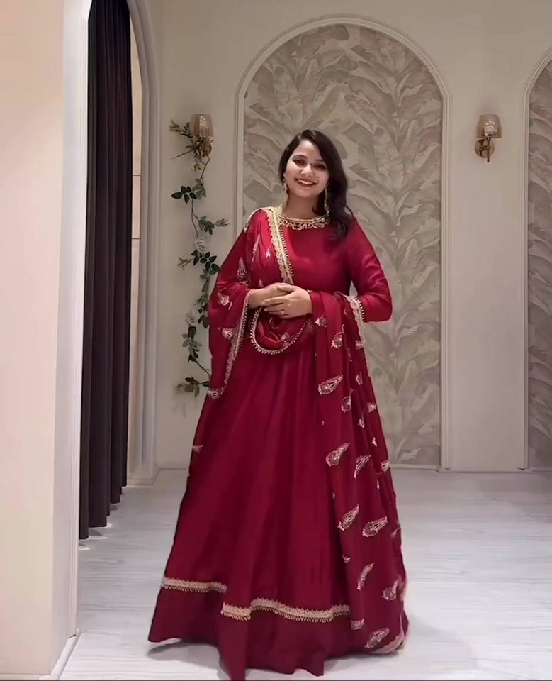 Presenting New Collection Heavy Chinon Silk Gown -Pent  Dupatta Set Fully Stitched Ready To Wear