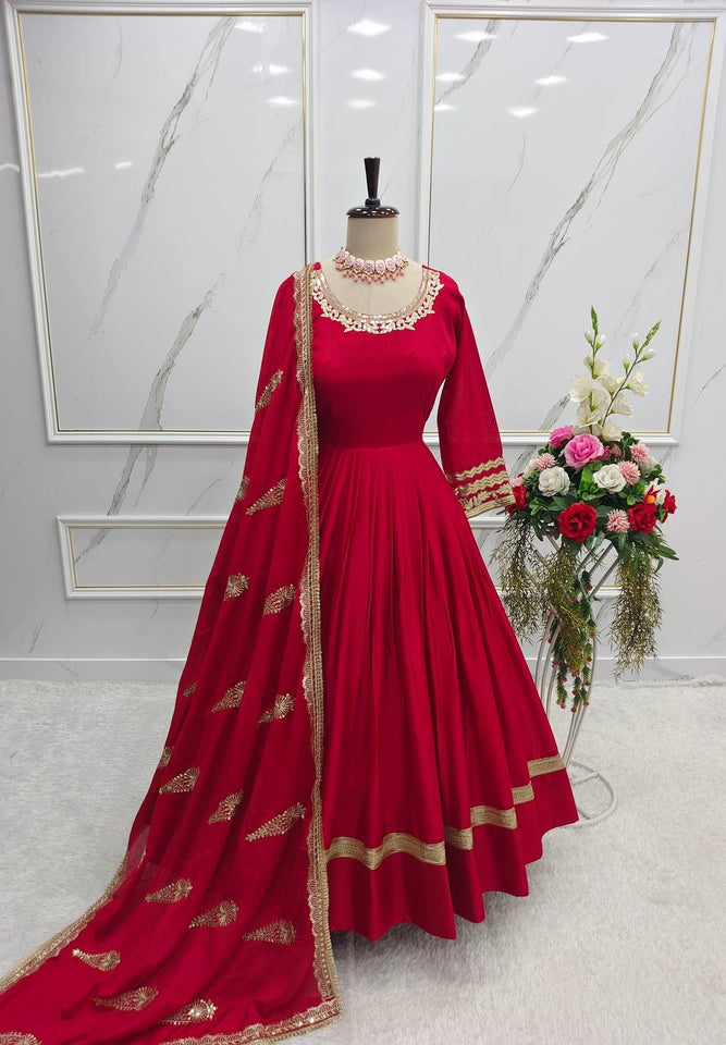 Presenting New Collection Heavy Chinon Silk Gown -Pent  Dupatta Set Fully Stitched Ready To Wear