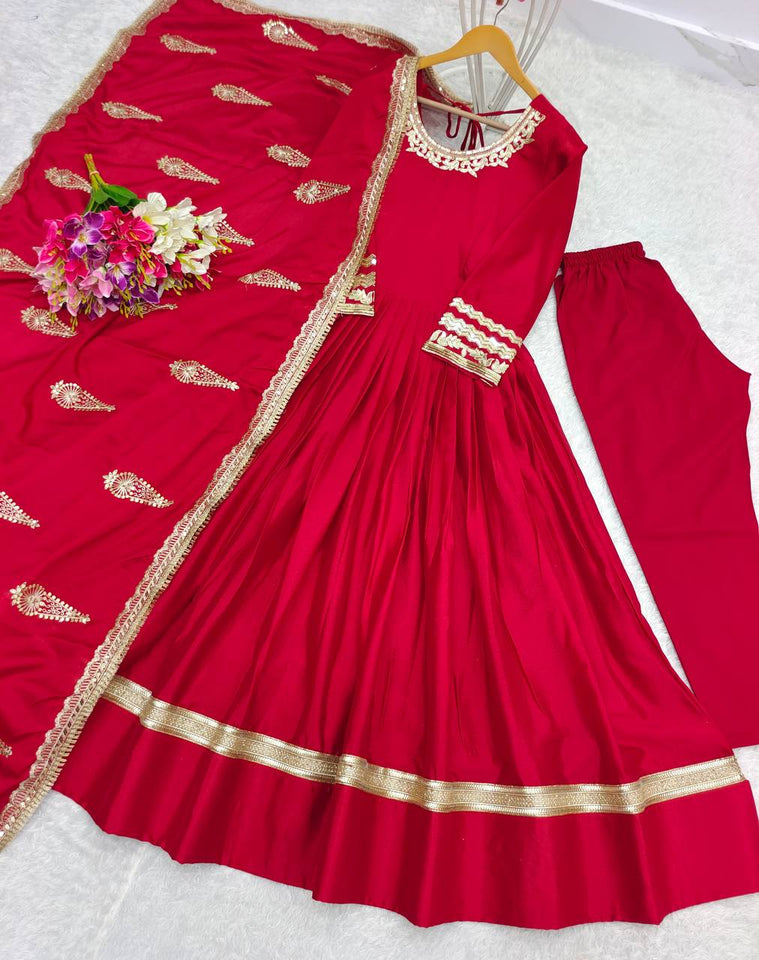Presenting New Collection Heavy Chinon Silk Gown -Pent  Dupatta Set Fully Stitched Ready To Wear
