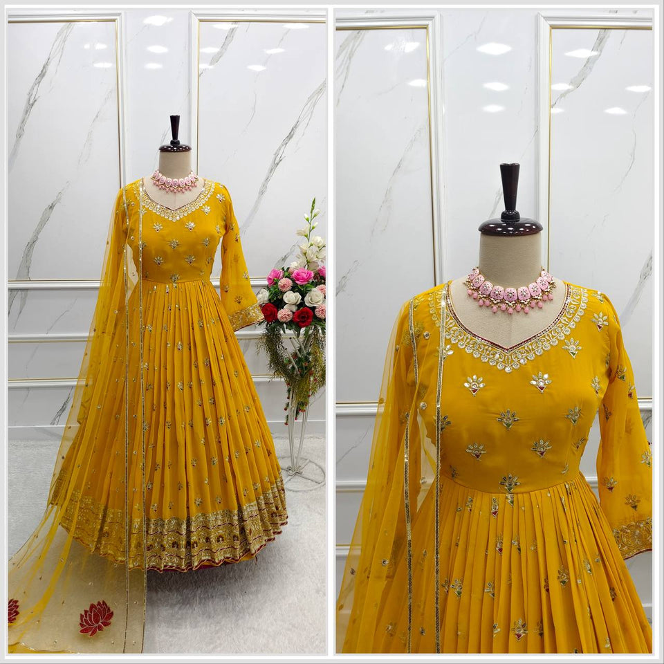 Presenting New Collection Heavy Fox Georgette Gown -Pent  Dupatta Set Fully Stitched Ready To Wear 🔥😍🥰*