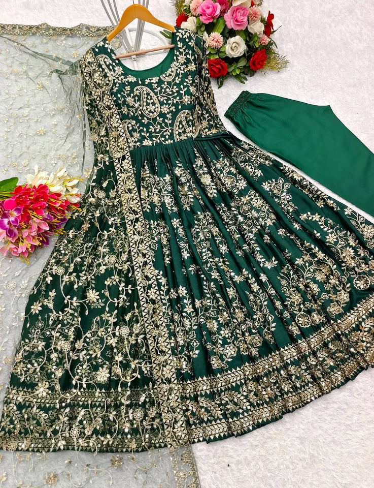 Presenting New Collection Heavy Chinon Silk Gown -Pent  Dupatta Set Fully Stitched Ready To Wear