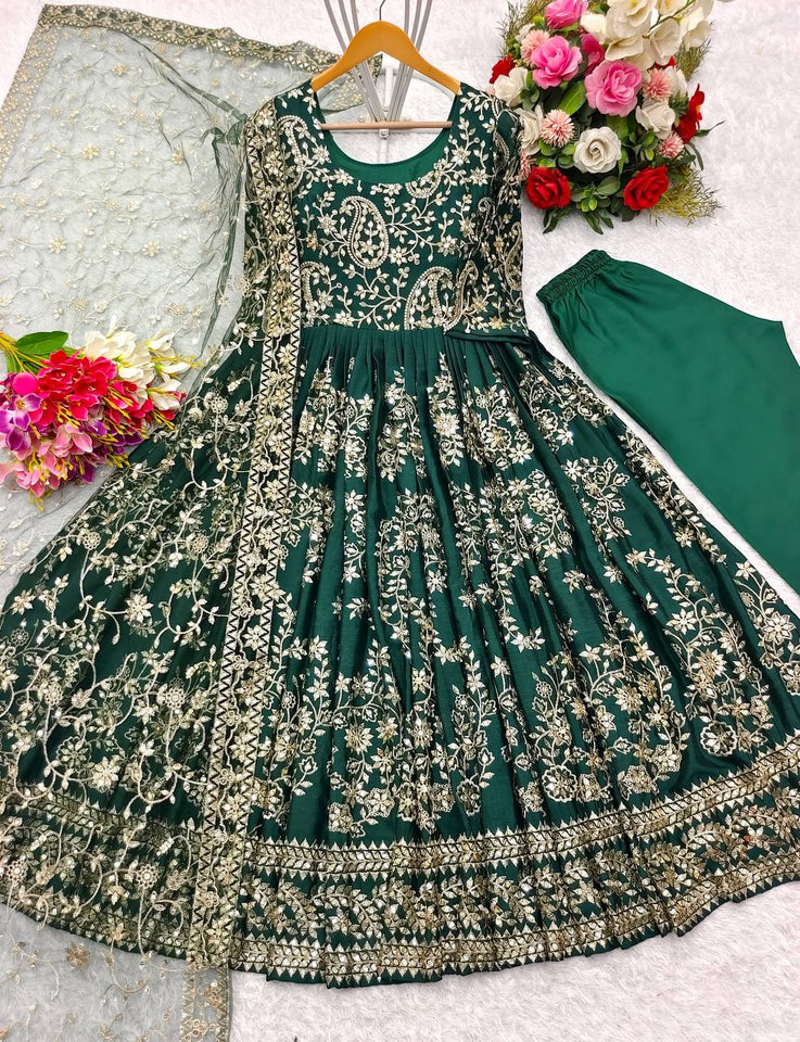Presenting New Collection Heavy Chinon Silk Gown -Pent  Dupatta Set Fully Stitched Ready To Wear