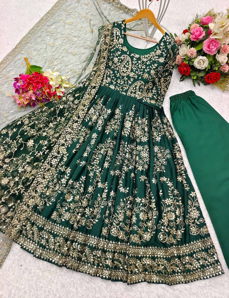 Presenting New Collection Heavy Chinon Silk Gown -Pent  Dupatta Set Fully Stitched Ready To Wear