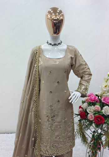Presenting New Collection Heavy Chinon Silk Top-Palazzo and Dupatta Set Fully Stitched Ready To Wear