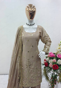 Presenting New Collection Heavy Chinon Silk Top-Palazzo and Dupatta Set Fully Stitched Ready To Wear