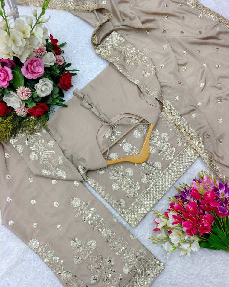 Presenting New Collection Heavy Chinon Silk Top-Palazzo and Dupatta Set Fully Stitched Ready To Wear