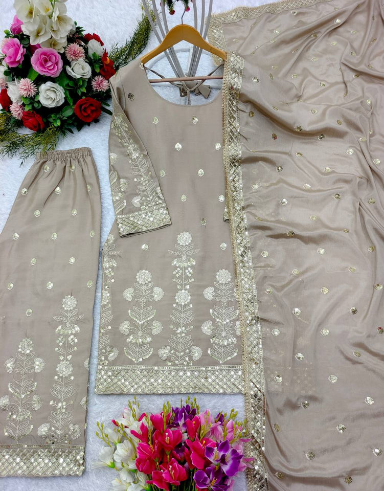 Presenting New Collection Heavy Chinon Silk Top-Palazzo and Dupatta Set Fully Stitched Ready To Wear