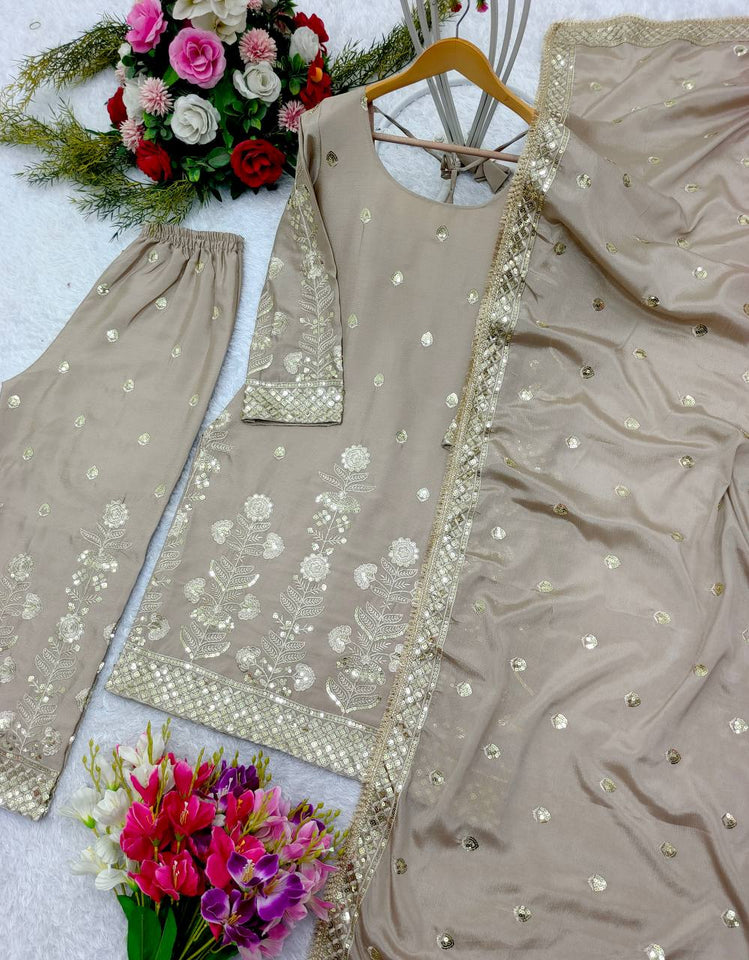 Presenting New Collection Heavy Chinon Silk Top-Palazzo and Dupatta Set Fully Stitched Ready To Wear
