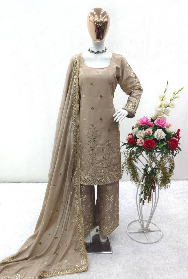Presenting New Collection Heavy Chinon Silk Top-Palazzo and Dupatta Set Fully Stitched Ready To Wear