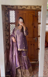 Presenting New Collection Heavy Chinon Silk Top-Sararo And Dupatta Set Fully Stitched Ready To Wear