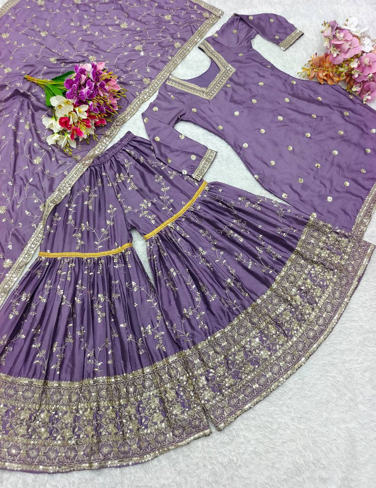Presenting New Collection Heavy Chinon Silk Top-Sararo And Dupatta Set Fully Stitched Ready To Wear