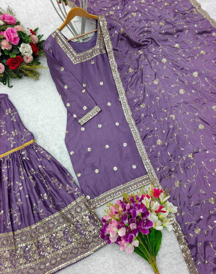 Presenting New Collection Heavy Chinon Silk Top-Sararo And Dupatta Set Fully Stitched Ready To Wear