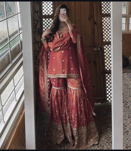 Presenting New Collection Heavy Chinon Silk Top-Sararo And Dupatta Set Fully Stitched Ready To Wea