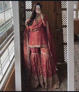 Presenting New Collection Heavy Chinon Silk Top-Sararo And Dupatta Set Fully Stitched Ready To Wea