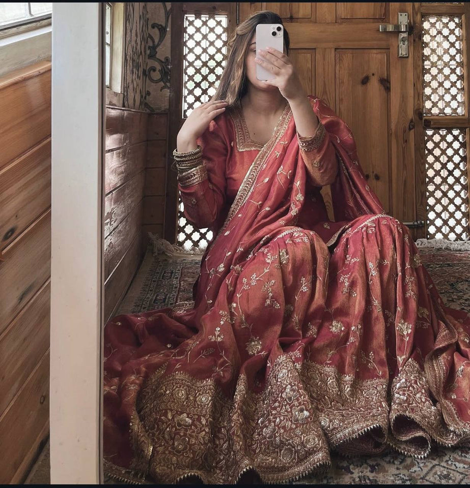 Presenting New Collection Heavy Chinon Silk Top-Sararo And Dupatta Set Fully Stitched Ready To Wea