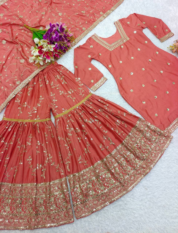 Presenting New Collection Heavy Chinon Silk Top-Sararo And Dupatta Set Fully Stitched Ready To Wea
