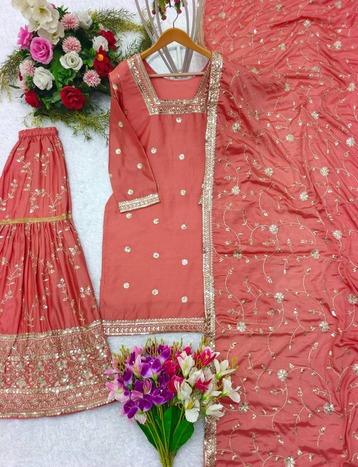 Presenting New Collection Heavy Chinon Silk Top-Sararo And Dupatta Set Fully Stitched Ready To Wea