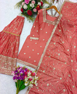 Presenting New Collection Heavy Chinon Silk Top-Sararo And Dupatta Set Fully Stitched Ready To Wea