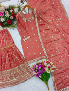 Presenting New Collection Heavy Chinon Silk Top-Sararo And Dupatta Set Fully Stitched Ready To Wea