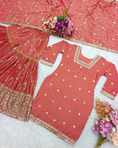 Presenting New Collection Heavy Chinon Silk Top-Sararo And Dupatta Set Fully Stitched Ready To Wea