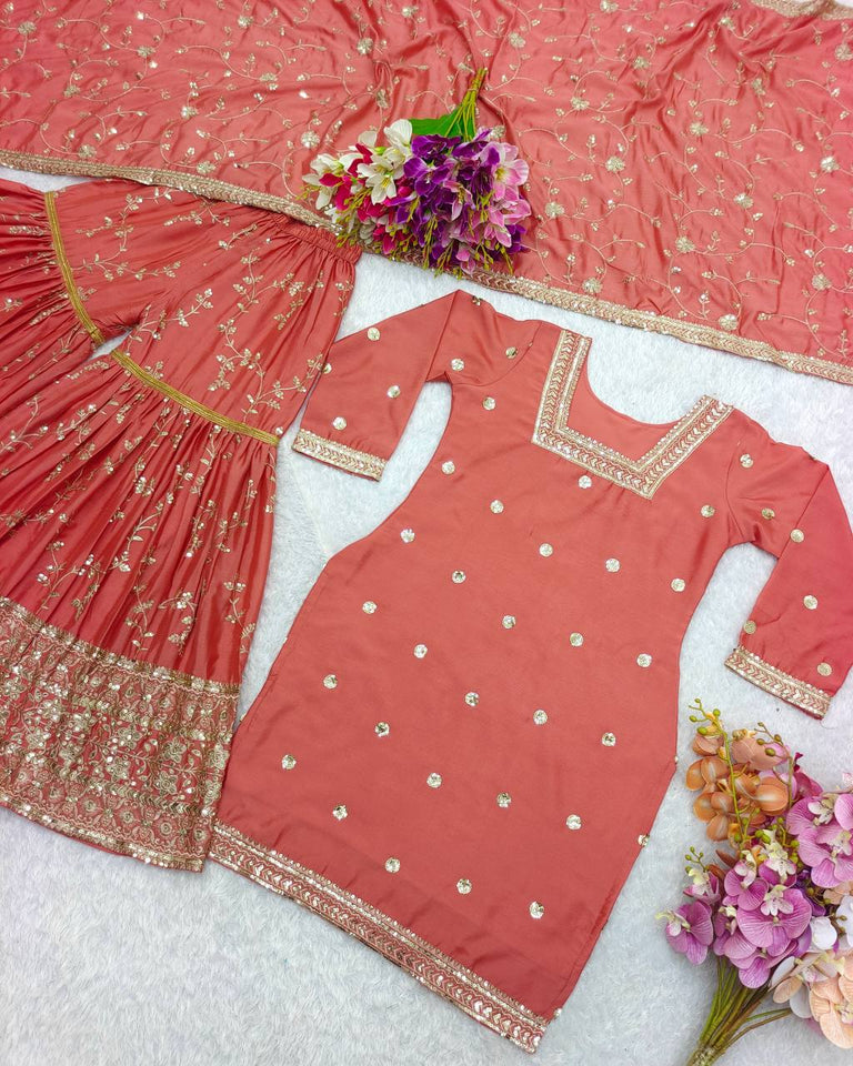 Presenting New Collection Heavy Chinon Silk Top-Sararo And Dupatta Set Fully Stitched Ready To Wea
