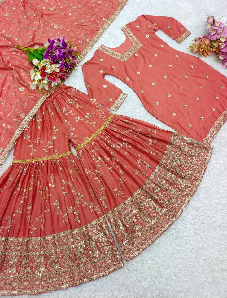 Presenting New Collection Heavy Chinon Silk Top-Sararo And Dupatta Set Fully Stitched Ready To Wea