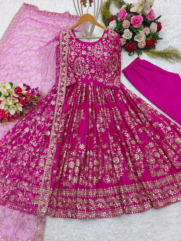 Presenting New Collection Heavy Chinon Silk Gown -Pent  Dupatta Set Fully Stitched Ready To Wear