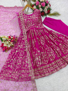 Presenting New Collection Heavy Chinon Silk Gown -Pent  Dupatta Set Fully Stitched Ready To Wear