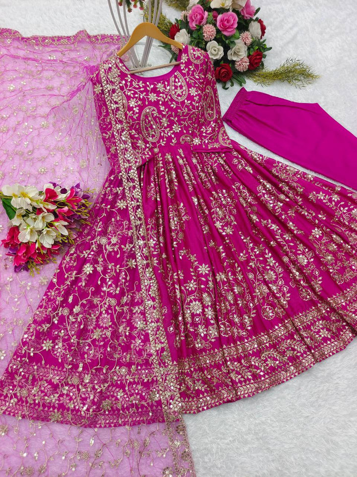 Presenting New Collection Heavy Chinon Silk Gown -Pent  Dupatta Set Fully Stitched Ready To Wear