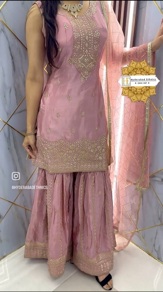 Presenting New Collection Heavy Chinon Silk Top-Sarara And Dupatta Set Fully Stitched Ready To Wear 🔥😍🥰*